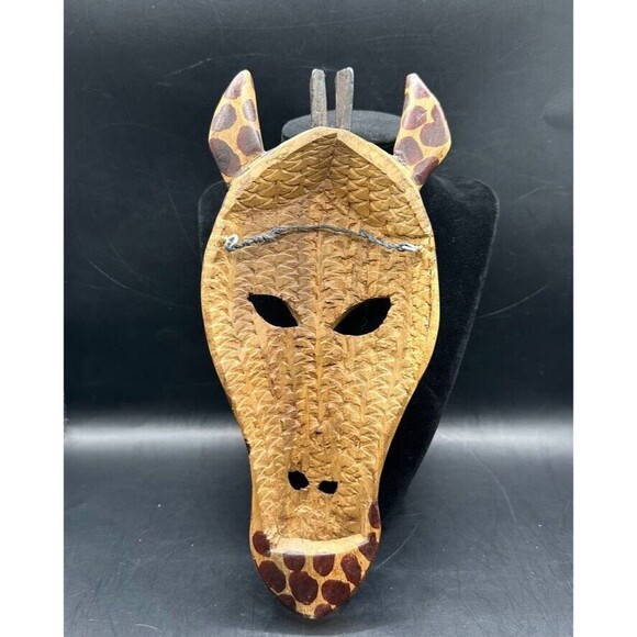 Vintage Giraffe Mask Hand Carved Wood Painted African Wall Decor Art Brown - Picture 6 of 16
